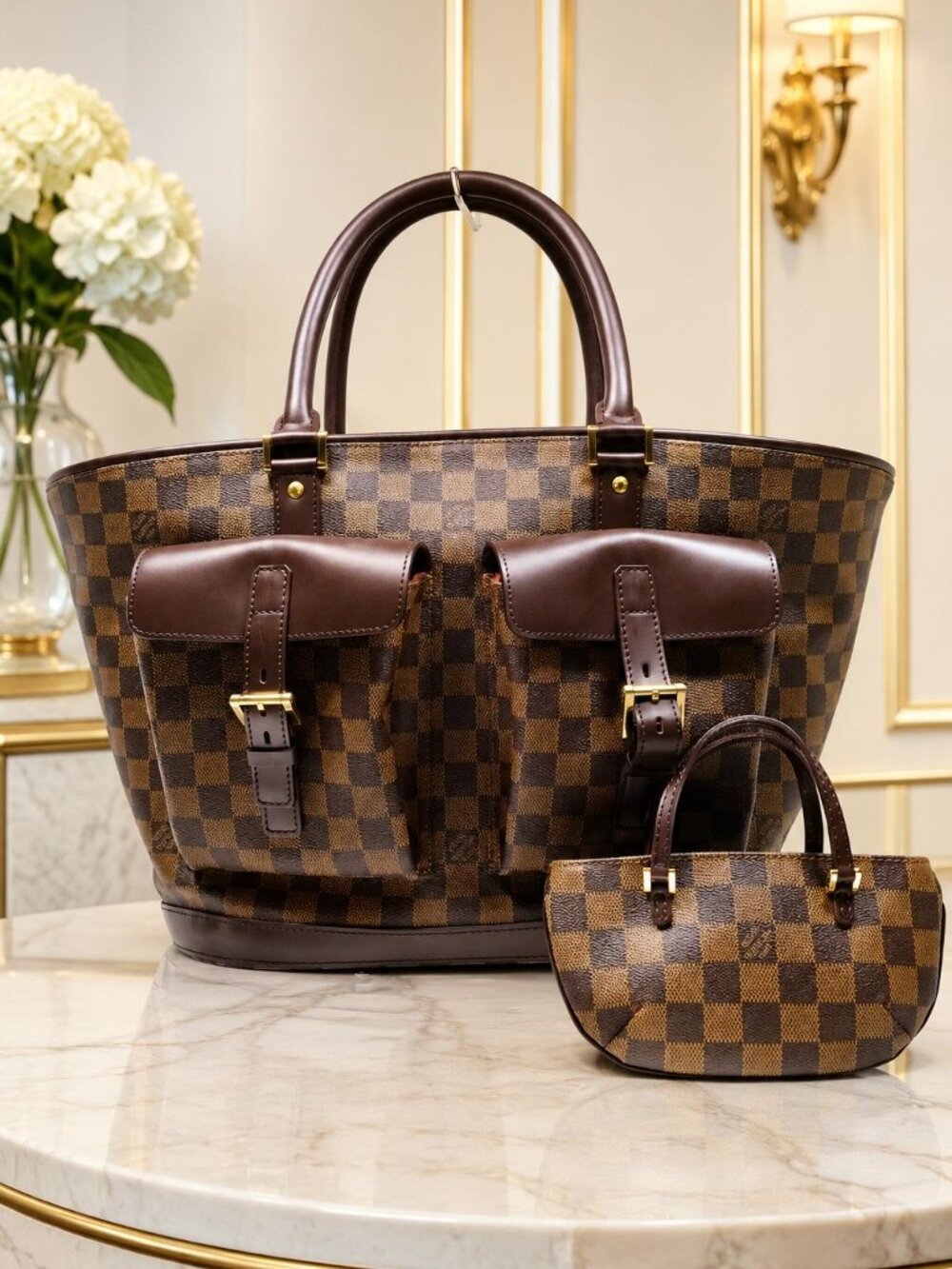 Louis Vuitton Manosque GM Damier Ebene Tote Bag Brown Authentic Luxury Handbag